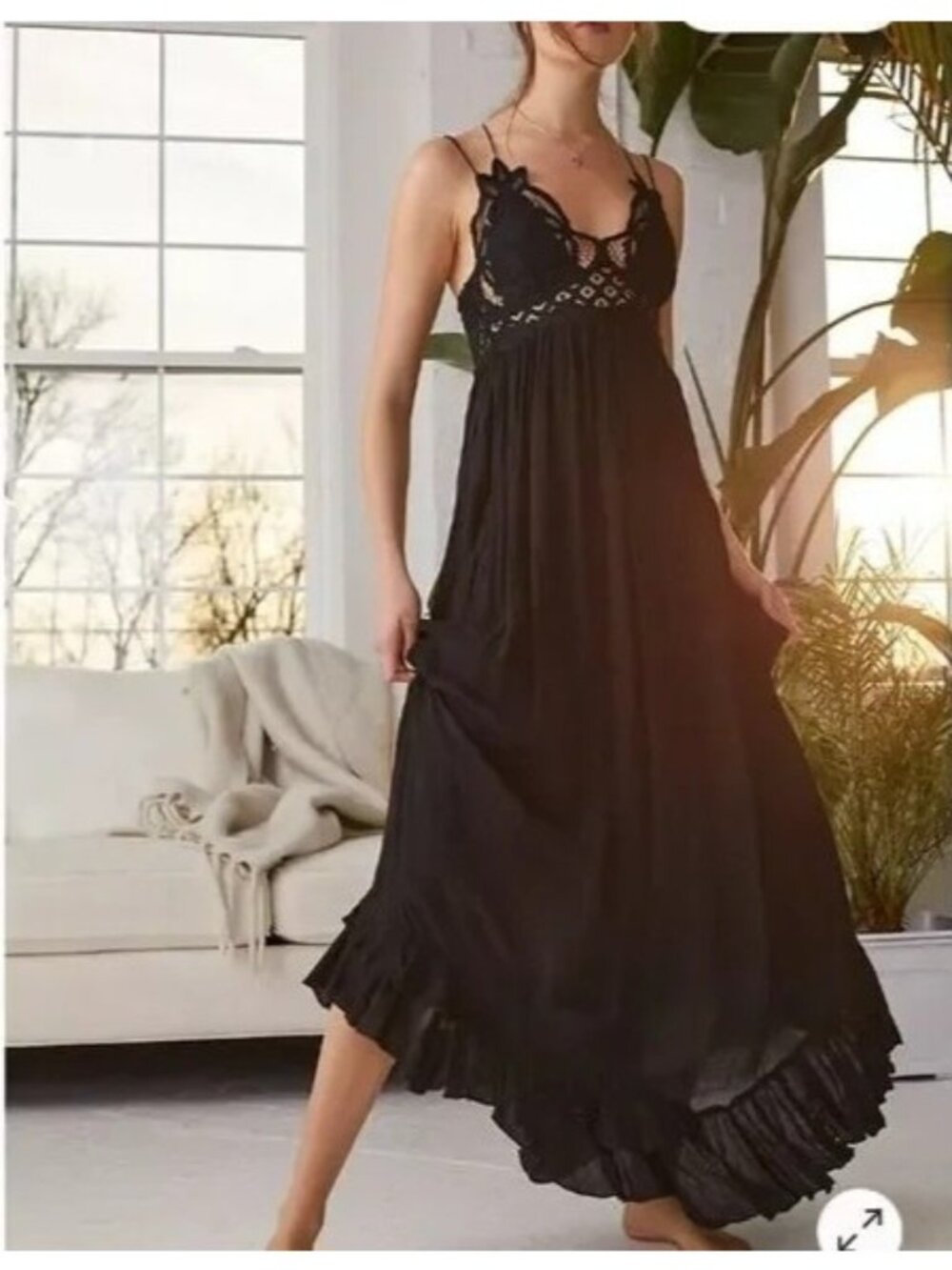 Free People One Black Adella Lace Ruffle Hem Maxi Slip Dress Womens Size XS